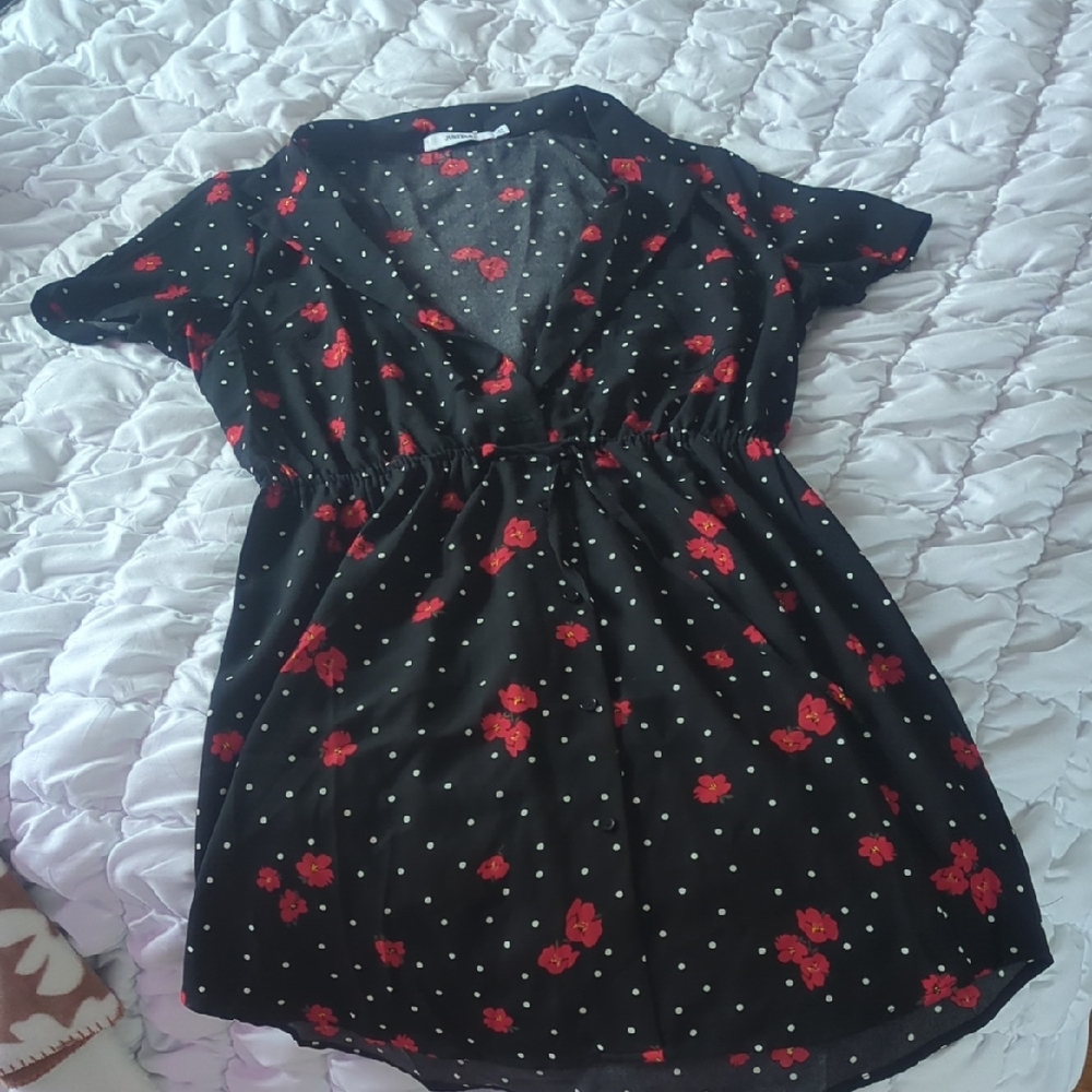 JustFab Black Dress with Red Floral and White Dots